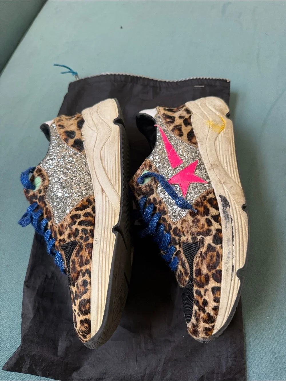 Golden goose leopard print Sneakers with Blue glitter Laces- RUNNING STYLE 💗 - Picture 3 of 5